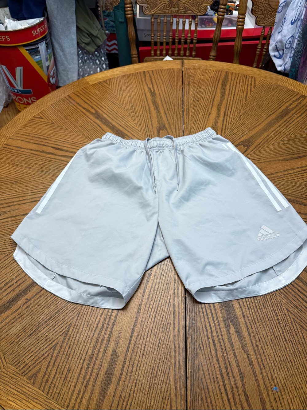 adidas Men’s Light Gray Athletic Shorts with White Stripes